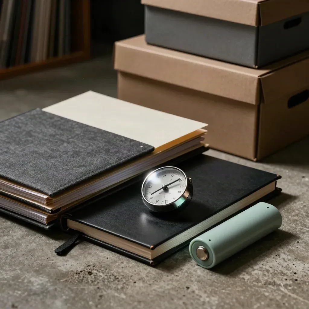 Kit per piano di crisi con cartelle, timer analogico e batteria di backup in un archivio scuro.
