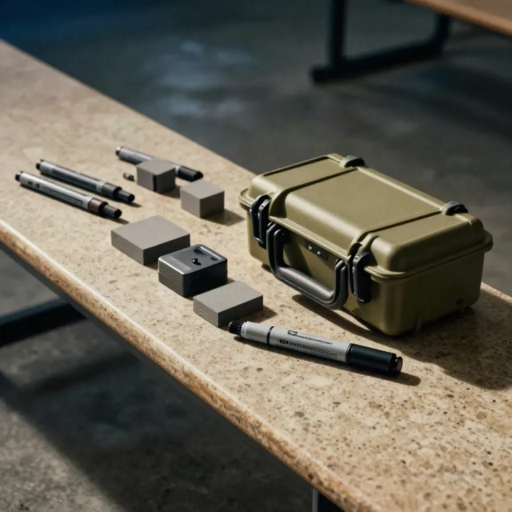 Kit formazione PMI con marker, blocchi, clicker, timer e custodia rigida su banco in travertino.