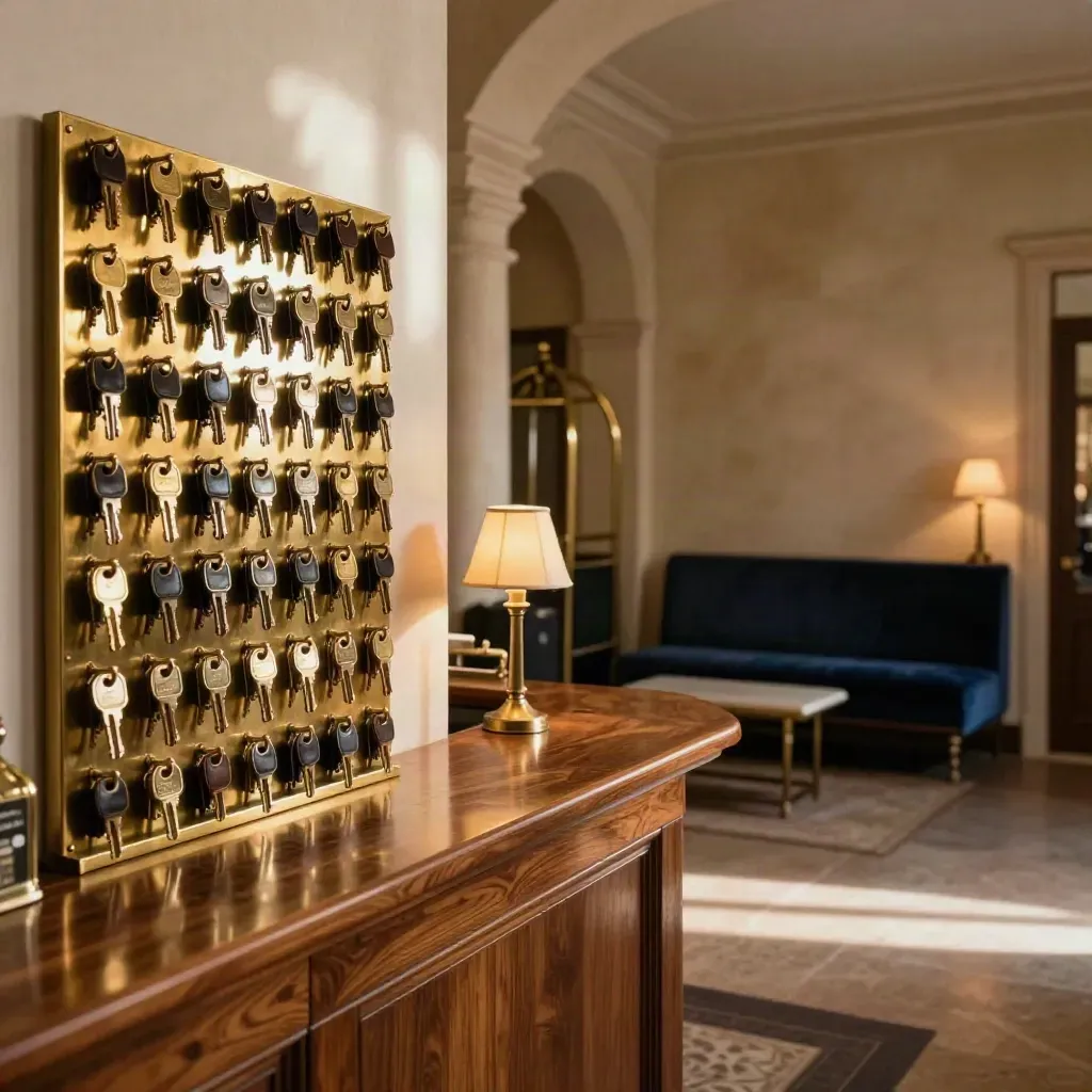 Hall di hotel a Verona riaperta, chiavi allineate, lampade calde e reception ordinata.