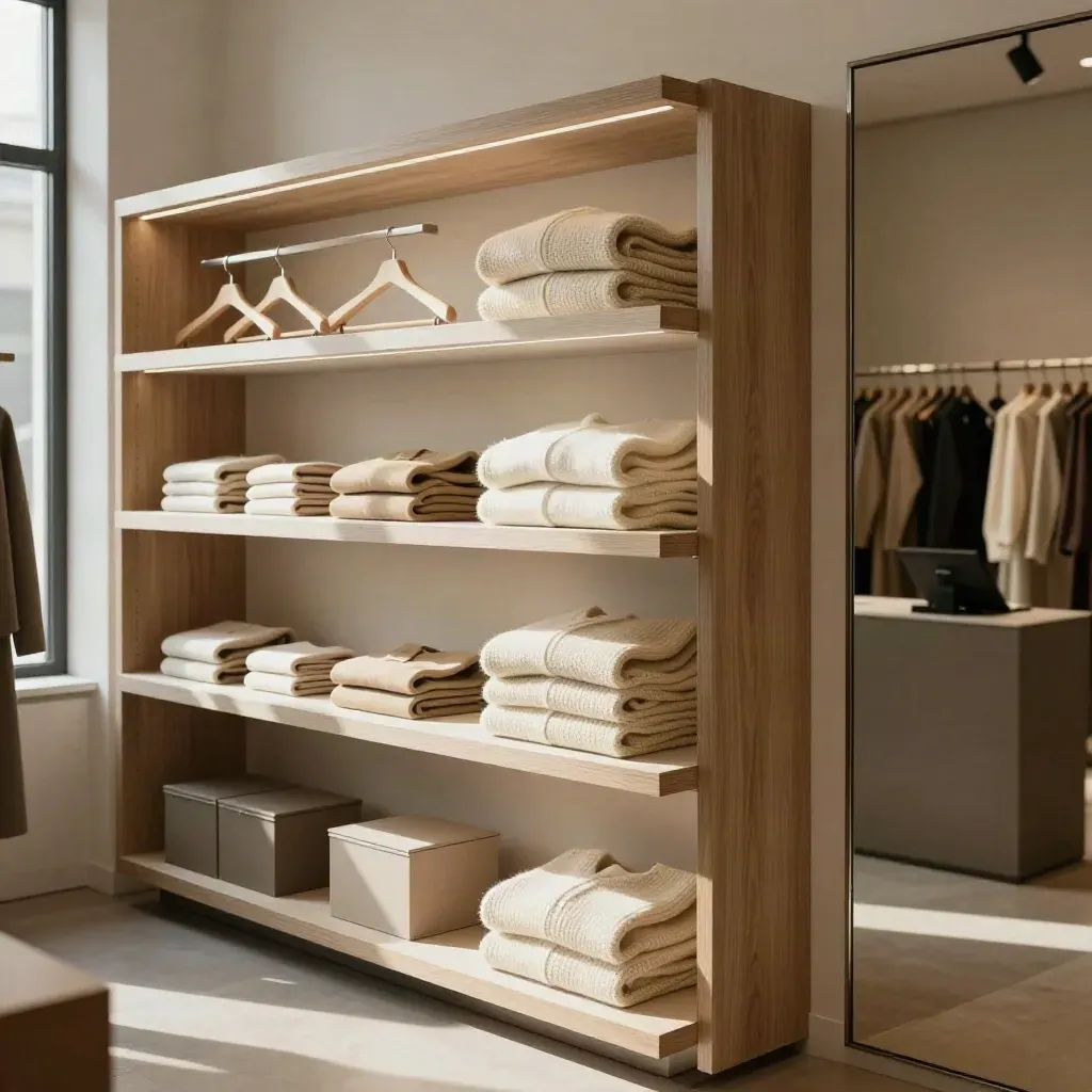 Negozio moda riordinato con grucce, capi piegati e cassa spenta in luce calda.