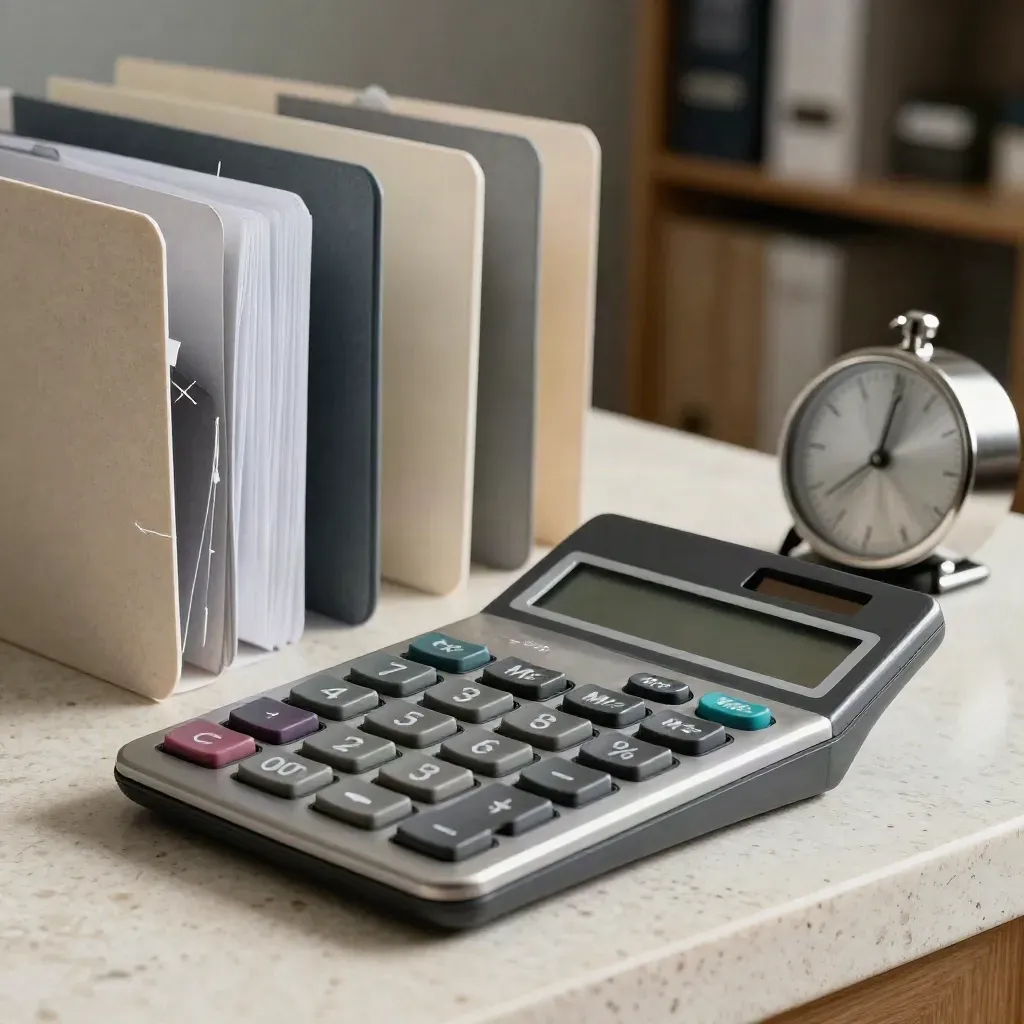 Calcolatrice, timer e cartelle neutre su travertino in un ufficio consulenziale