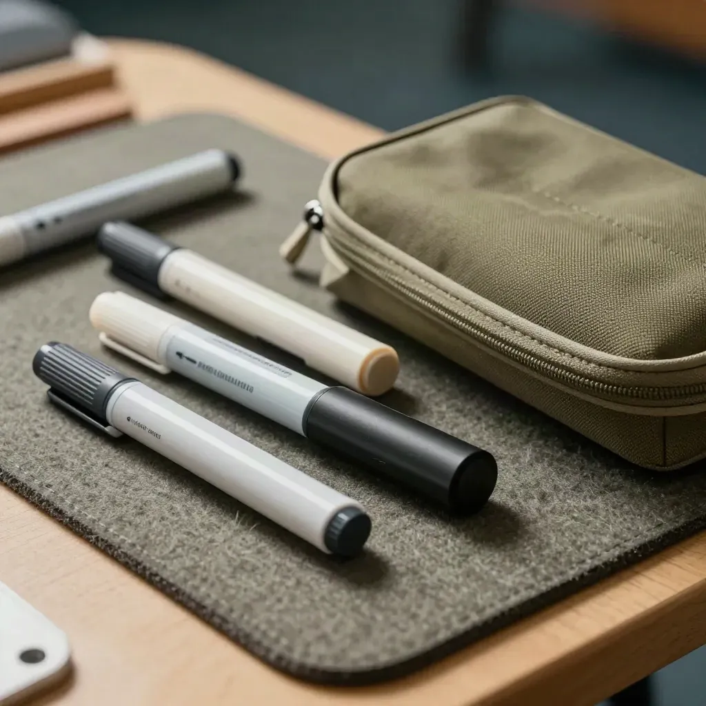 Kit formativo con marker, blocchi didattici, clicker e custodia chiusa su superficie materica.