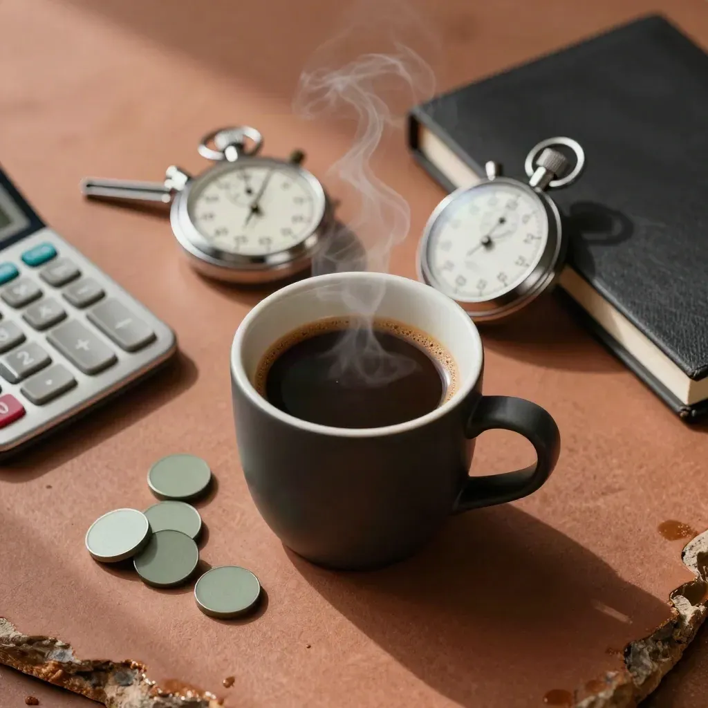 Tazzina di espresso, stopwatch, calcolatrice e token magnetici su fondo terracotta.