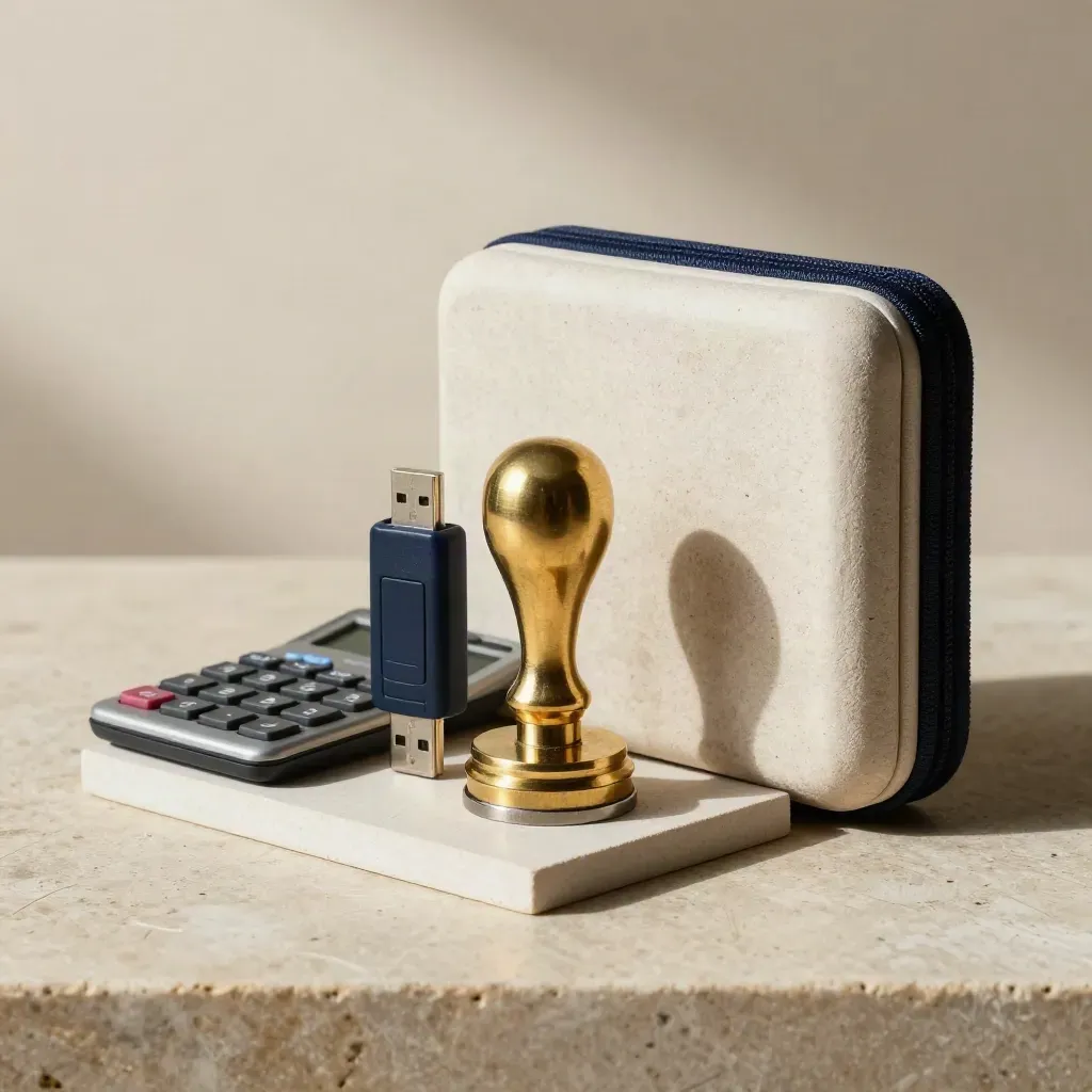 Timbro in ottone, chiavetta USB, calcolatrice e custodia rigida su fondo chiaro.