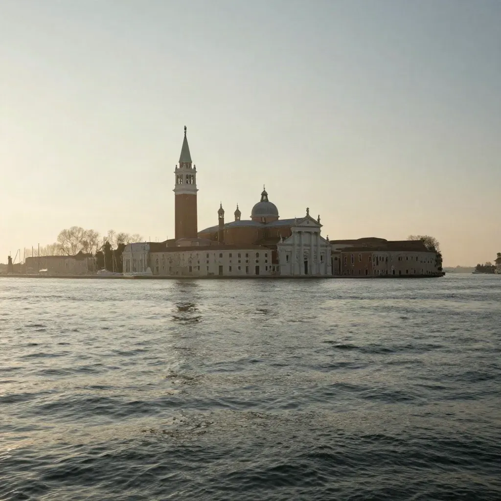 Laguna veneziana con San Giorgio Maggiore in alto e acqua calma avvolta nella foschia marina.