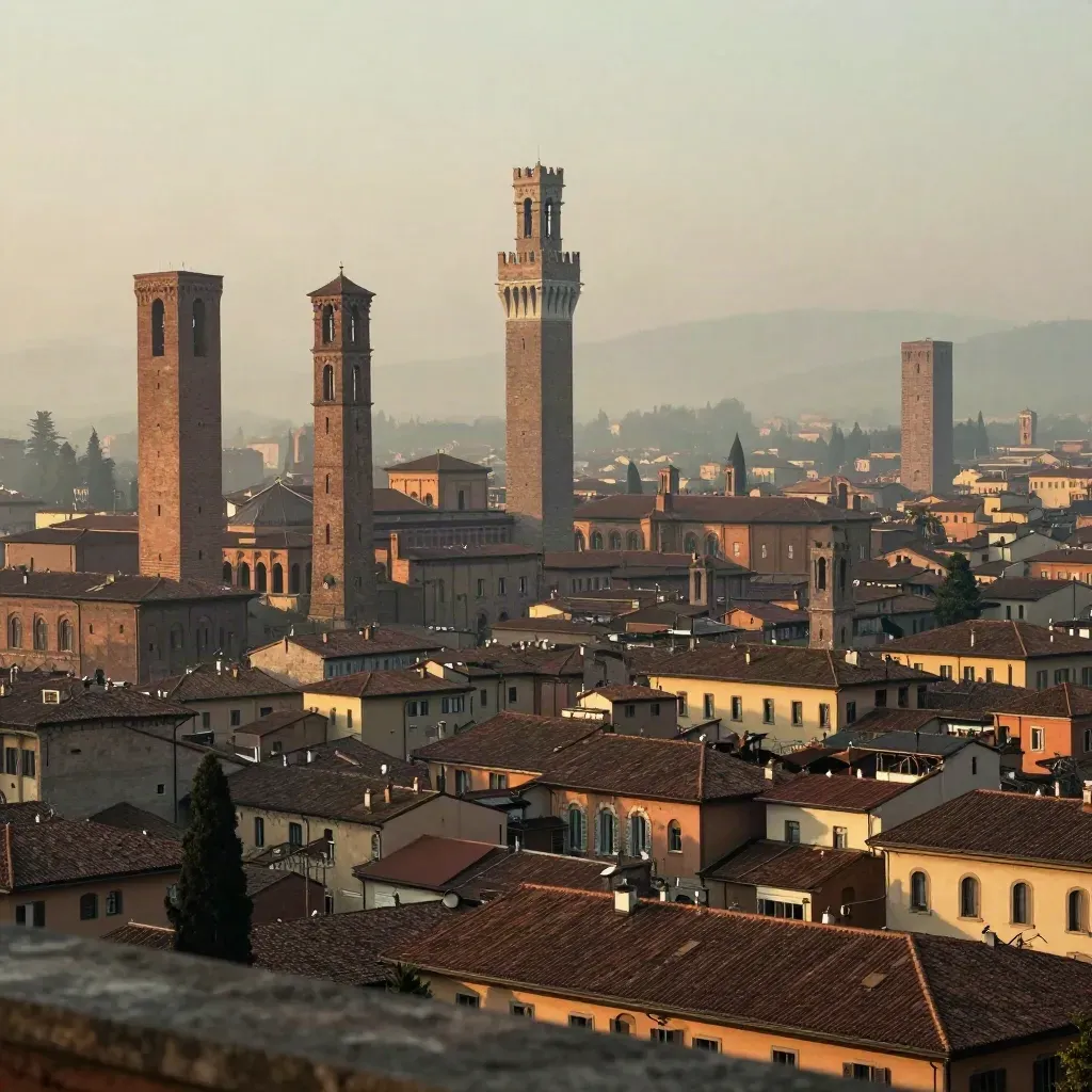 Bologna nella nebbia del mattino, torri alte in alto e spazio calmo in basso.